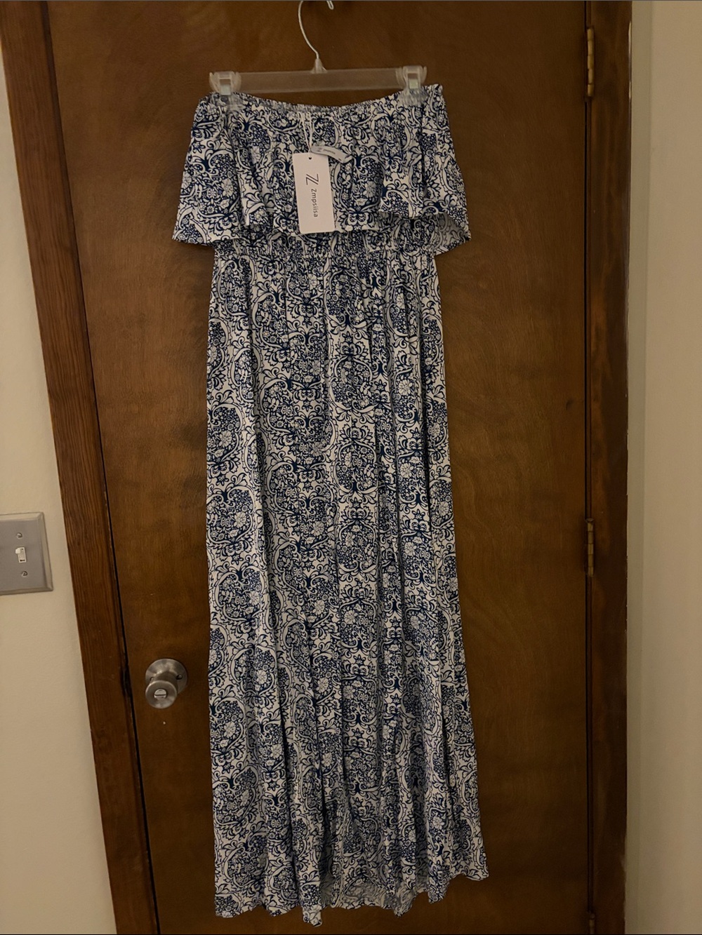 Blue & White Paisley Off-Shoulder Maxi Dress